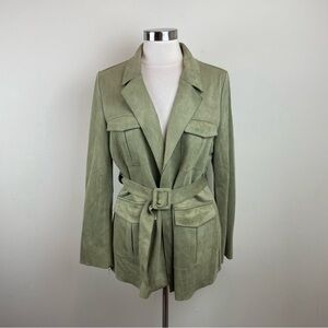 Solitare Solid Green Suede Like Jacket With Belt Women Large